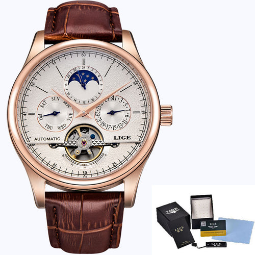 LIGE Royal Tourbillon Automatic Watch – Luxury Mechanical Leather Timepiece